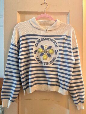 Asian Designer Crochet Lemon Sailor Stripe Knit Sweater One Size